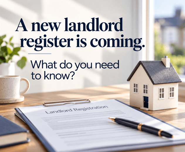 A model house beside landlord registration paperwork on a desk, illustrating the introduction of the new national landlord register for rental properties in England.