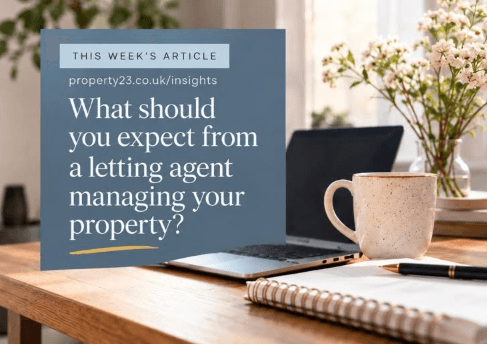 Editorial-style image featuring a laptop, coffee mug, notebook and flowers, alongside a blue panel displaying the headline “What should you expect from a letting agent managing your property?”